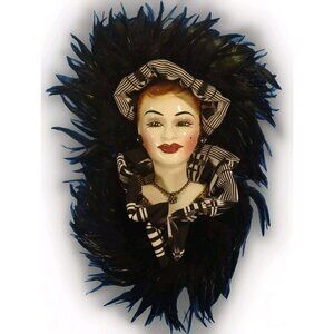Unique Creations Lady Lucy Lucille Ball Mask Wall Black Feathers Wall Plaque